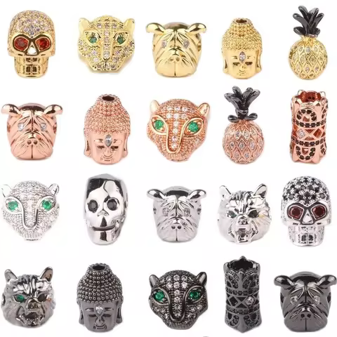3pcs Micro Pave Zircon Beads Helmet Wolf Buddha Skull Bead DIY Bracelet Necklace Design Jewelry Craf
