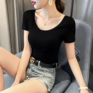 Ice Silk T-Shirt Women Summer Thin Black u-Neck Body T-Shirt Short-Sleeved 2024 Low-Neck Tight Top W