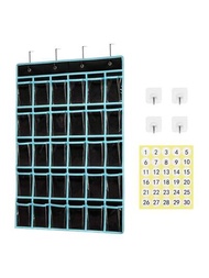 1個30口袋便攜式教室門掛式手機收納袋，透明掛式教室手機或計算機收納袋，帶有30個口袋，30個數字貼紙和掛鉤，適用於學校教室，家庭和辦公室使用。