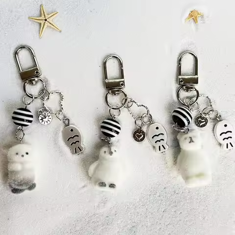 Kawaii Flocking Cartoon Keychain Cute Seal Penguin Polar Bear Pendant Bag Decor Keyring Car Key Hold