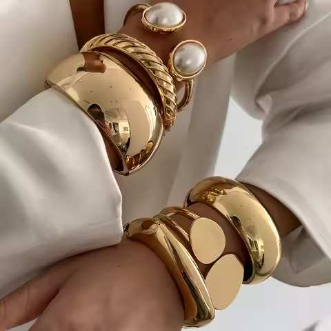 SHIXIN 6 Styles Geometric Gold Color Cuff Spring Bangles for Women Vintage Metal Chunky Wide Hand Br