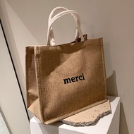 hojorich พร้อมส่ง กระเป๋าช้อปปิ้ง ผ้ากระสอบmerci กระเป๋าถือ กระเป๋าสะพายข้าง ใหม่