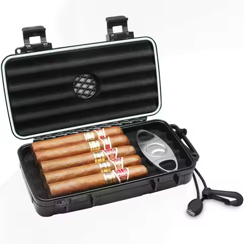 Travel Cigar Humidor Case - Portable Cigar Box with Humidifier Disc & Cigar Cutter, Waterproof, Crus