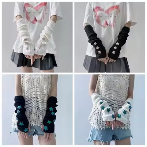 Simple Solid Color Star Knitted Gloves Y2k Gothic Wool Sleeve Cuff Long Hand Sleeve Arm Warmers Girl