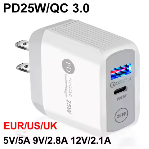 PD 25W 5V/5A 9V/2.8A 12V/2.1A EU/US Plug LED Light 2 Ports USB Adapter Wall Charger Fast Quick Charg
