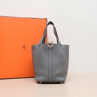 HERMES Picotin18菜籃子0L積雨雲灰TC皮U刻金扣肩背包