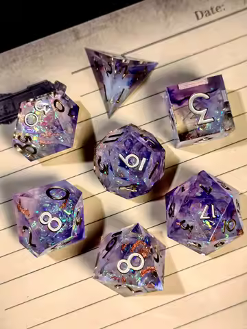 DnD Dice Set – 7pcs Sharp Edge Resin Dice, Light Purple with Gold Numbers, Polyhedral D&D Dice for R