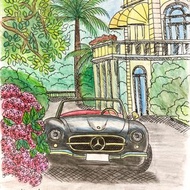 Vacation watercolor painting, Mercedes SL car, lake Como hotel, Italy artwork