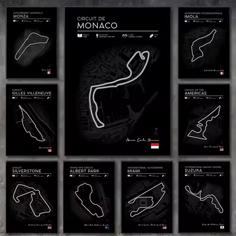 2025 F1 Track Posters, Black F1 Wall Art Poster F1 Circuit Decor Posters Gift Silverstone UK Monaco