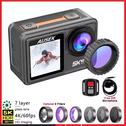Action Camera Removable Filter 6 Lens 5K 30FPS 4K 60FPS 50MP Dual Screen 2" IPS EIS 5X Zoom Video Sh