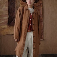 焦糖/煙藍色 植物染漢麻 百搭休閒長風衣外套