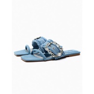 Zara2023 Summer New Style Women's Shoes Blue Rhinestone Buckle Denim Flat Sandals Fashion Open Toe Slippers Women