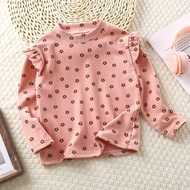 Bear Leader Spring Autumn Flower Print Girls Top Korean Version Long Sleeved Round Neck Basic T-shir