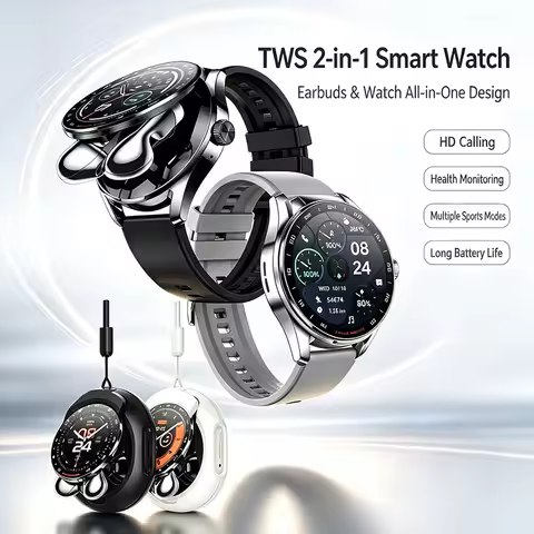 2‑in‑1 Smart Watch Built‑in TWS Earbuds Men BT Call Fitness Watch Heart Rate Sleep Monitor Sports Sm