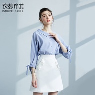 หลวม สีน้ําเงิน ลายทาง ผู้หญิง เสื้อเชิ้ต ชิค สไตล์เกาหลี ฤดูใบไม้ร่วง รสฮ่องกงสด โบว์ Tie Button Up