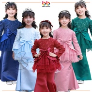Coolelves Baju Raya 2024 Kurung Moden Budak Perempuan Muslimah Kids Peplum Ribbon Lace Dusty Pink Baby Navy Blue Emerald