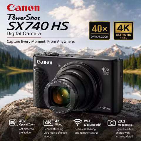 Canon PowerShot SX740 HS Compact Digital Camera, 40x Optical Zoom, 4K UHD Video, Black, Internationa