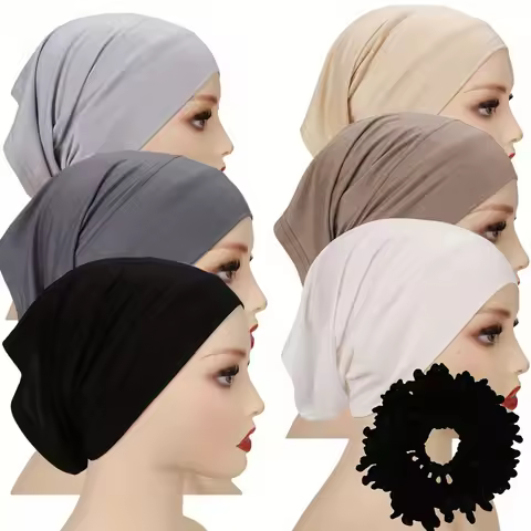 6/Pcs Modal Inner Caps Hijab And 1/Pcs Hairband Set Muslim Instant Hijabs Scarf Shawls Elastic Jerse