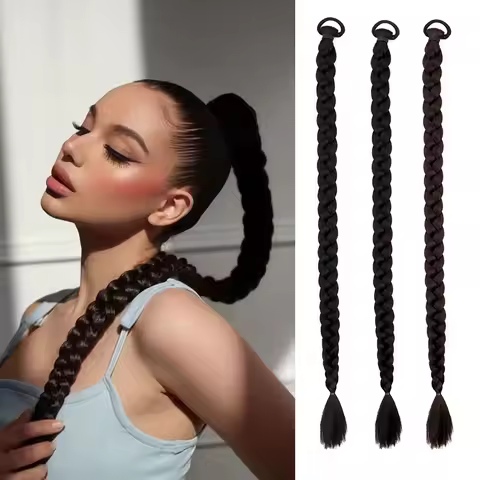 26Inch/30Inch/34Inch Synthetic Long Braid Ponytail Elastic Rubber Band Elegant Style High Temperatur