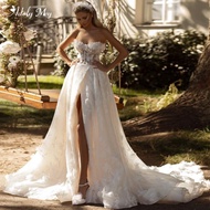 Gaun pengantin A-Line tanpa tali romantis berenda depan terpisah 2023