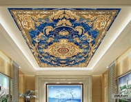Wallpaper 3D Custom Plafon Latar Biru Batik Emas Klasik 21PLF-011