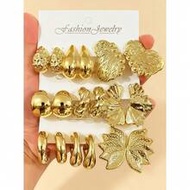 6/18PCS Fashionable Elegant Floral Geometric Multi-Element Gold Metallic Earring Set, Twisted Rope E