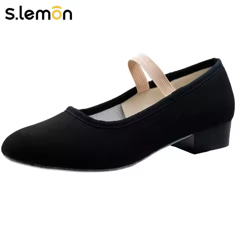Canvas Character Shoes for Women – 1 Inch Heel, Soft Black Ballet & Dance Shoes for Stage Performanc