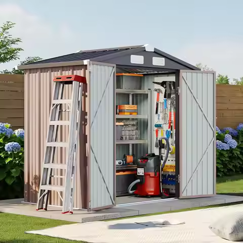 6x4 FT Outdoor Storage Shed with Lockable Double Doors & Loping Roof, Outdoor Metal Shed for Bike, C