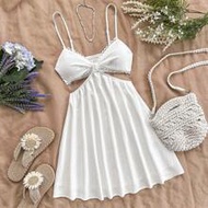 WYWH ผู้หญิงสีขาว Hollowed เอว V-คอ Strappy ชุดวันหยุดฤดูร้อน