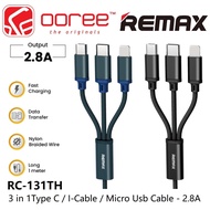 REMAX RC-131TH 3 IN 1 USB CABLE WITH I-CABLE / TYPE C / MICRO USB 2.8A FAST CHARGE CABLE 1.15 METER 