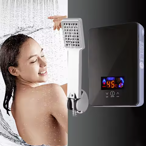 Mini Instant Electric Hot Water Heater Tankless Bathroom Shower Kit w/Shower Nozzle Large-screen Tou