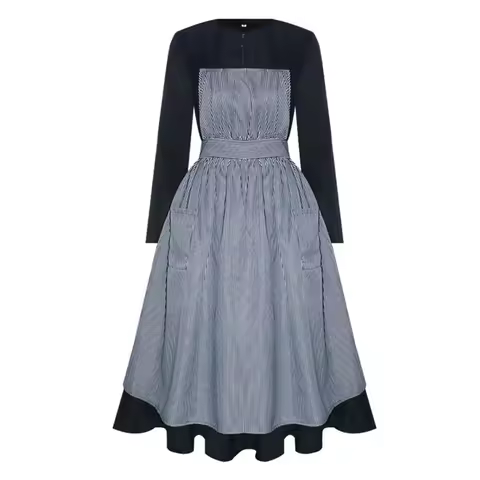 Anime The Sound of Music Maria Cosplay Costumes Vertically Striped Apron Skirt Long Sleeve Black Ank