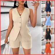 fulaide Womens Summer 2 Piece Outfits Sleeveless V Neck Button Down Vest Top Lace-up Shorts Set Casu
