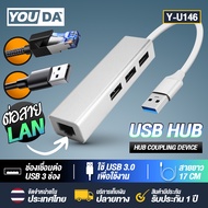 YOUDA USB HUB 3.0 4IN1 สายพ่วง USB 1 TO 3USB + หัวต่อสายแลน YD-U146 ความเร็วสูง USB Splitter แบบพกพา