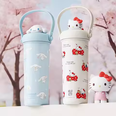 New Model Kawaii HelloKitty Hand-held Thermos Japanese Sanrio Cartoon Kuromi Melody Large Straw Wate