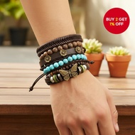 6-Piece Turquoise Bead Leather Bracelet Set Bohemian Butterfly Flower