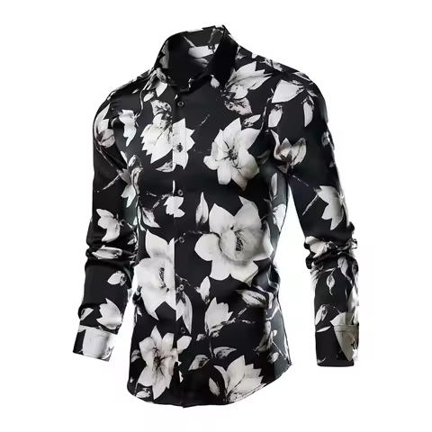 White Men's Printed Long Sleeve Shirt,Fashion Casual Tops,Single Breasted Square Collar Shirts,Asian