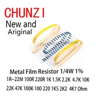 100PCS/LOT Metal Film Resistor 1/4W 1% 1R~22M 100R 220R 1K 1.5K 2.2K  4.7K 10K 22K 47K 100K 100 220 