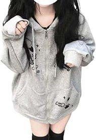 Kawaii Zip Up Hoodie Women Cute Shoujo Clothes Cutecore Cartoon Print Zipper Hooded Coat Loose Sweat