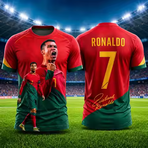Portugal National Soccer Jersey, CR7 Ronaldo Portrait No.7 Print Quick Dry Top For Trendy Viral Foot