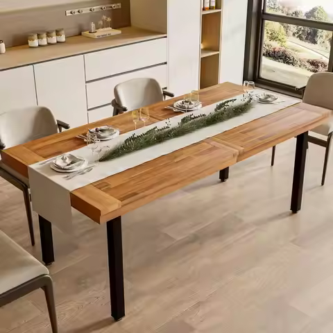 70" Acacia Wood Rustic Rectangular Dining Table Metal Frame Indoor Outdoor Kitchen 70x33.2x30 inch, 