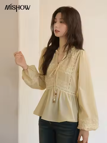 MISHOW French Thin V-neck Blouse 2025 Autumn Lace Patchwork Elastic Cuffs Top Bead Drawstring Lanter