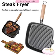 LANFYGOODSS Cast Iron Skillet, Cast Iron Uncoated Steak Pan, Premium Square Design Wooden Handle Non