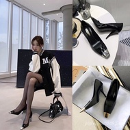 High Heel Classy Square Toe French Saint Laurent All-Match Professional Laurent Leather Black High H