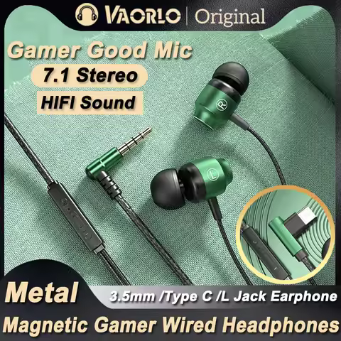 L Jack Magnetic Gamer Wired Headphones Gaming Green Metal HiFi Bass Stereo 3.5mm Type C Earbuds for 