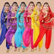 Women golden sequined Cropped long sleeve Tops Pants headscarf Set indian Belly Dance Performance We