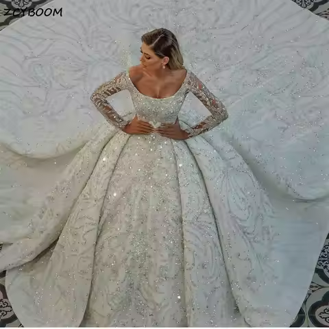Customized Luxury Crystals Beading Wedding Dresses 2025 Arabic Dubai Glitter Sequined Ball Gown Brid