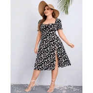 shein plus Dress size With Floral Print Tie Neck High Slit 0xl