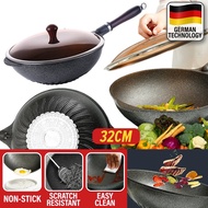 (PREMIUM) 32CM Non Stick 5 Layer Scratch Resistant Wok with Lid Cover