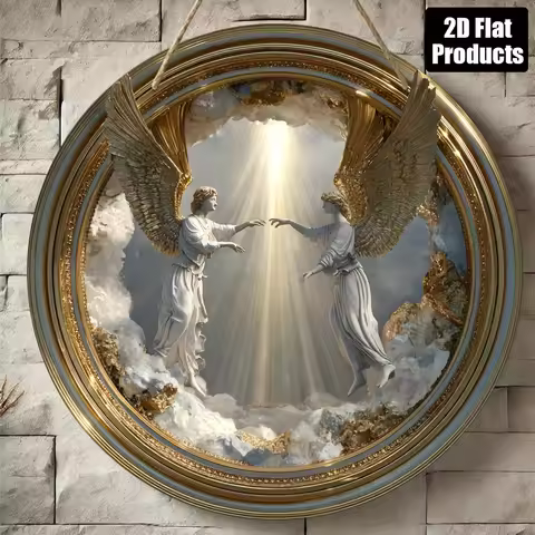 2D Flat - 1pc 2D Flat Round Wooden Board Decorative Painting Sign Plaque | Angel Theme, Suitable for